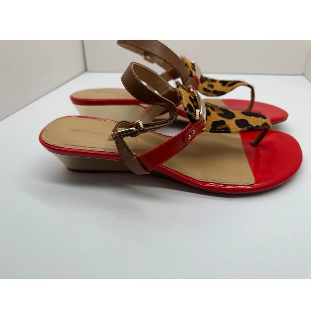 Antonio Melani Red Patent Leopard Calf Hair Gold Wedge Sandals‎ Mens 9M